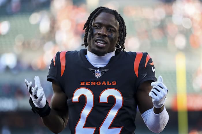 Oct 23, 2022; Cincinnati, Ohio, USA; Cincinnati Bengals cornerback Chidobe Awuzie (22) walks off the field after the victory over the Atlanta Falcons at Paycor Stadium. Mandatory Credit: Katie Stratman-USA TODAY Sports
